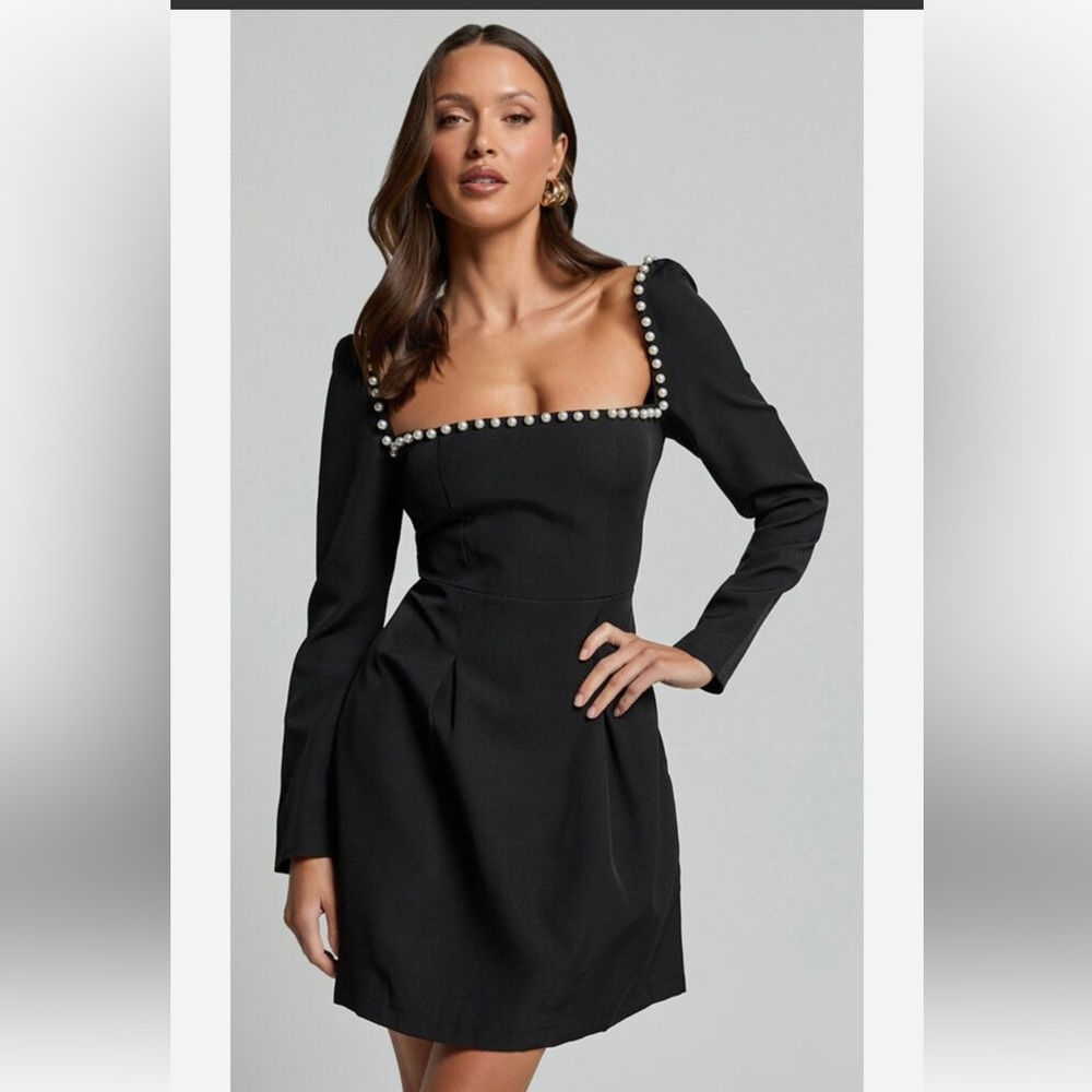 Showpo Oscar Street Black Pearl-Trim Square Neck Long Sleeve Mini Dress size L